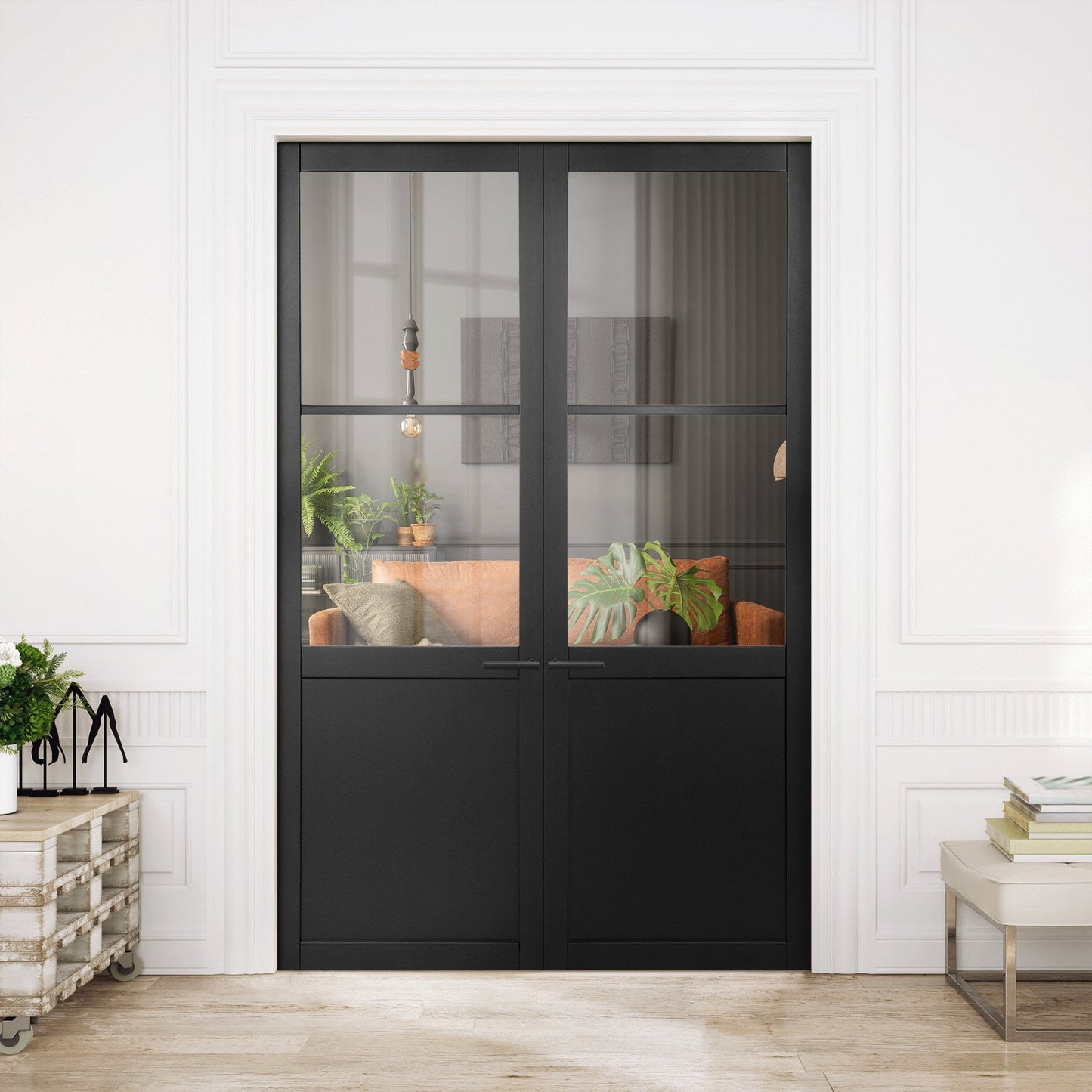 Jet Black Internal Fully Finished Industrial Studio 1 Panel 2 Light Clear Glass Pair Door (121347)