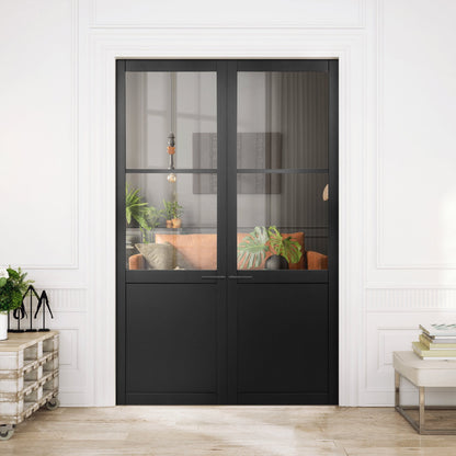 Jet Black Internal Fully Finished Industrial Studio 1 Panel 2 Light Clear Glass Pair Door (121347)