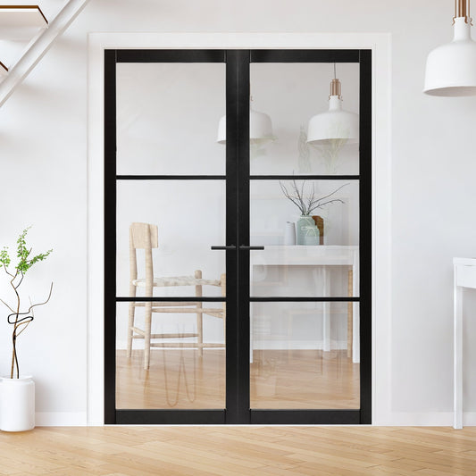 Jet Black Internal Fully Finished Industrial Studio 3 Light Clear Glass Pair Door (121348)