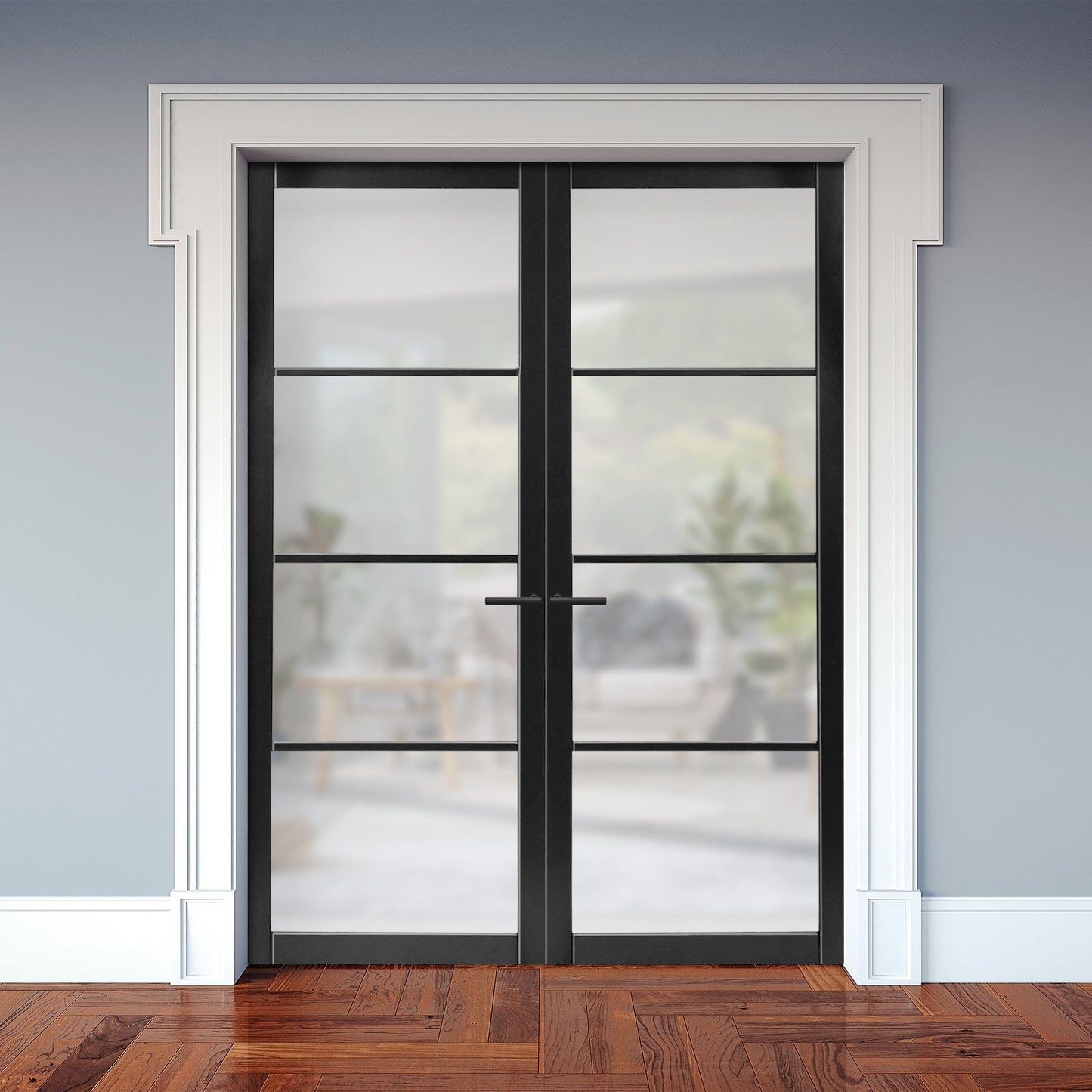 Jet Black Internal Fully Finished Industrial Studio 4 Light Obscure Glass Pair Door (121352)