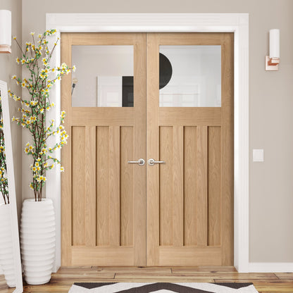 Internal Oak Unfinished 1930's DX 3 Panel 1 Light Glazed Pair Door (121372)