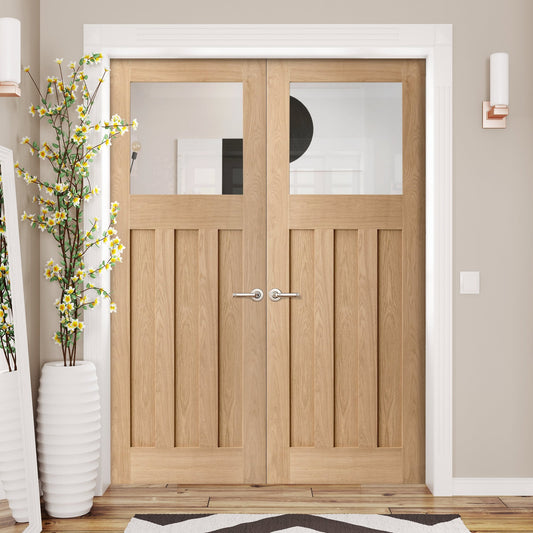 Internal Oak Unfinished 1930's DX 3 Panel 1 Light Glazed Pair Door (121372)