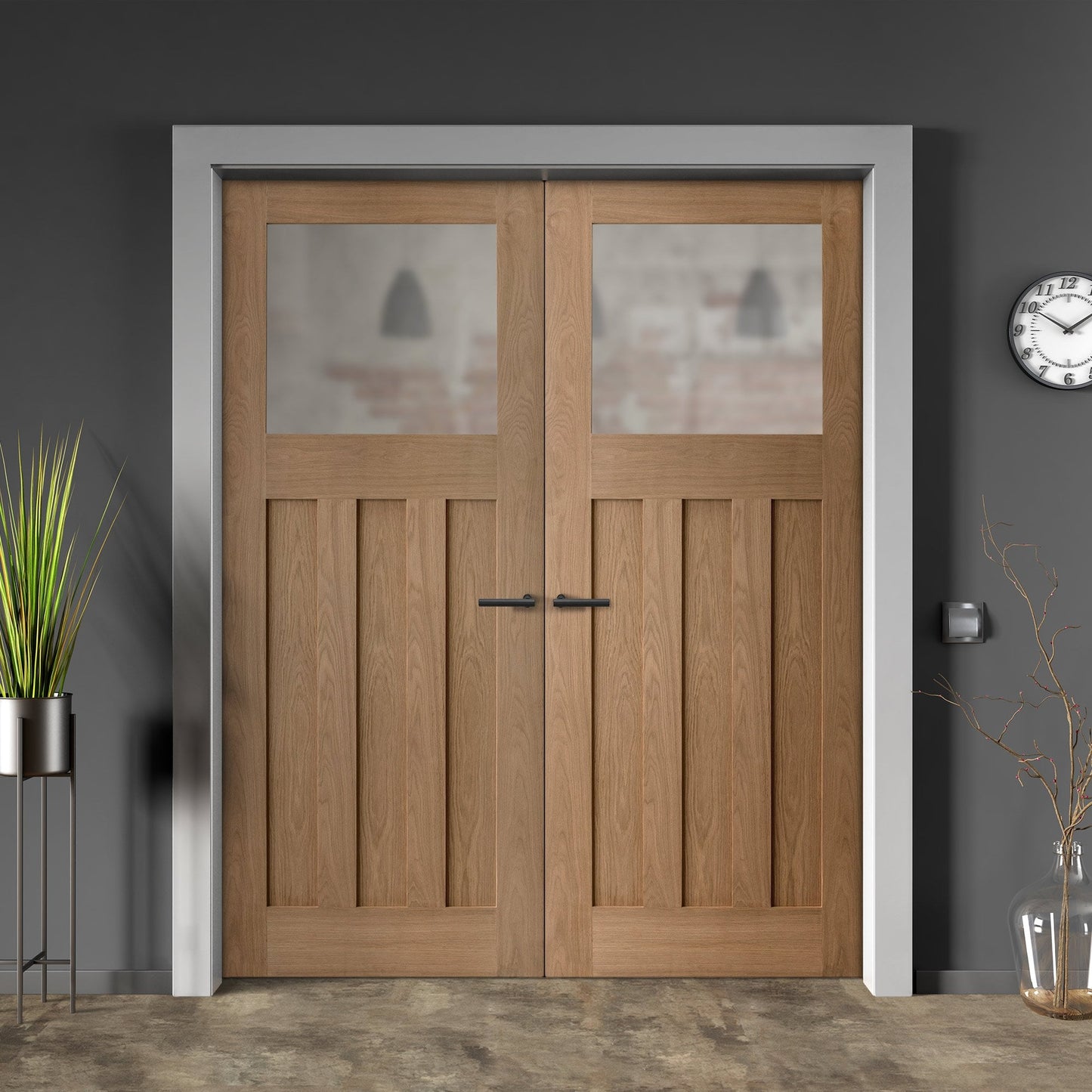 Internal Oak Unfinished 1930's DX 3 Panel 1 Light Obscure Glass Door Pair Door (121373)