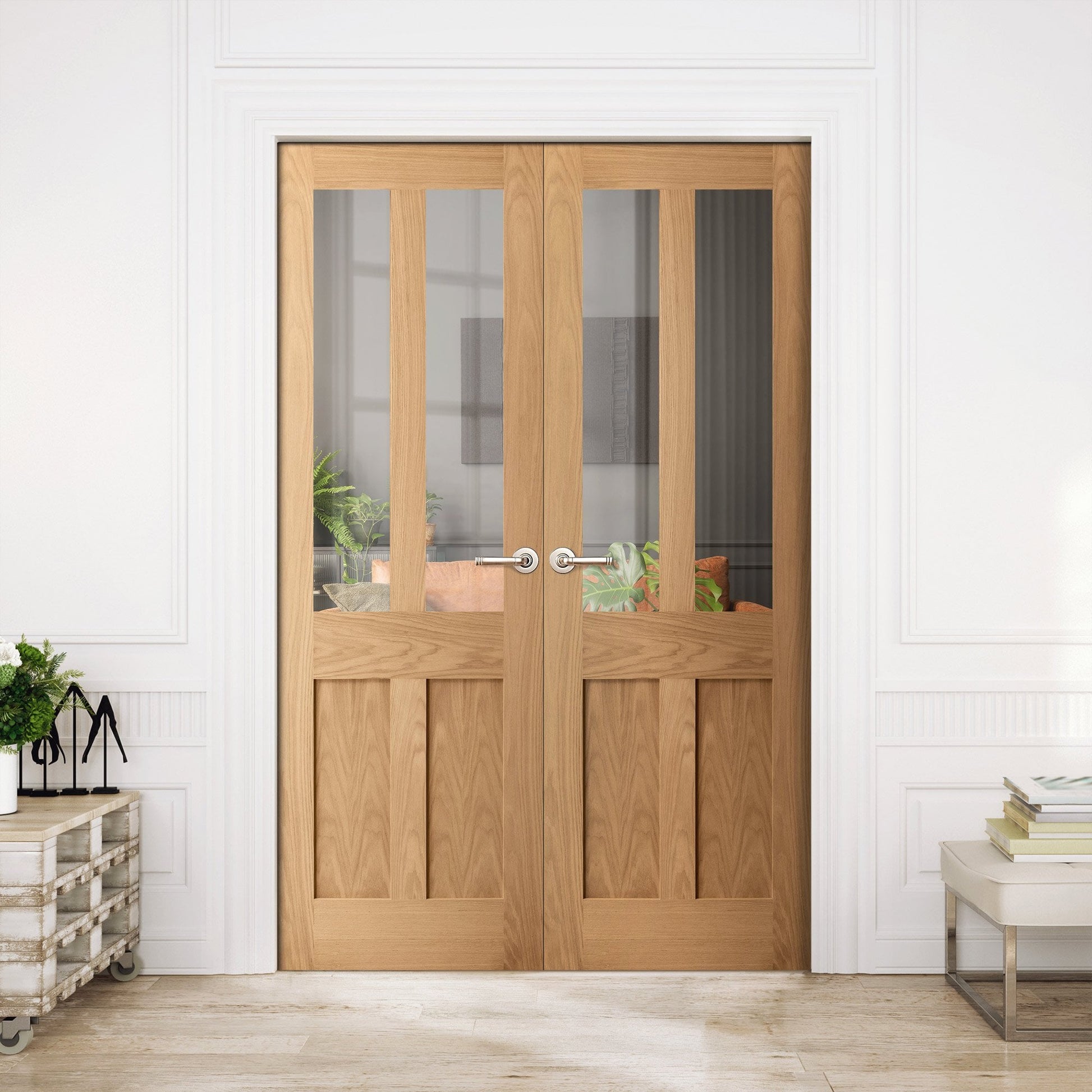 Internal Oak Unfinished Victorian Shaker 2 Panel 2 Light Glazed Pair Door (121394)