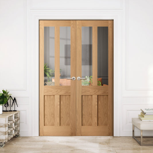Internal Oak Unfinished Victorian Shaker 2 Panel 2 Light Glazed Pair Door (121394)