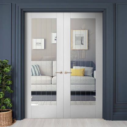 Internal White Primed Cottage 1 Light Clear Glass with Obscure Lines Pair Door (121407)