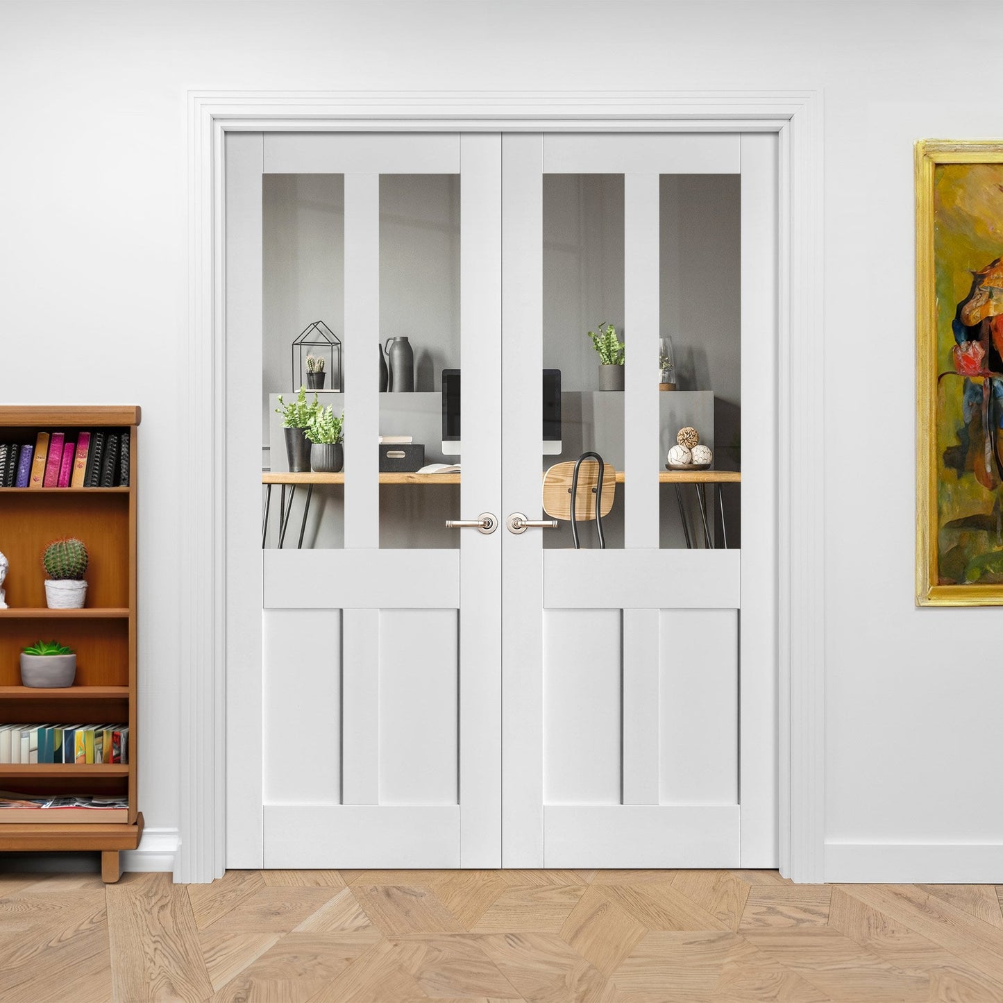 Internal White Primed Victorian 2 Panel 2 Light Clear Glass Pair Door (121438)
