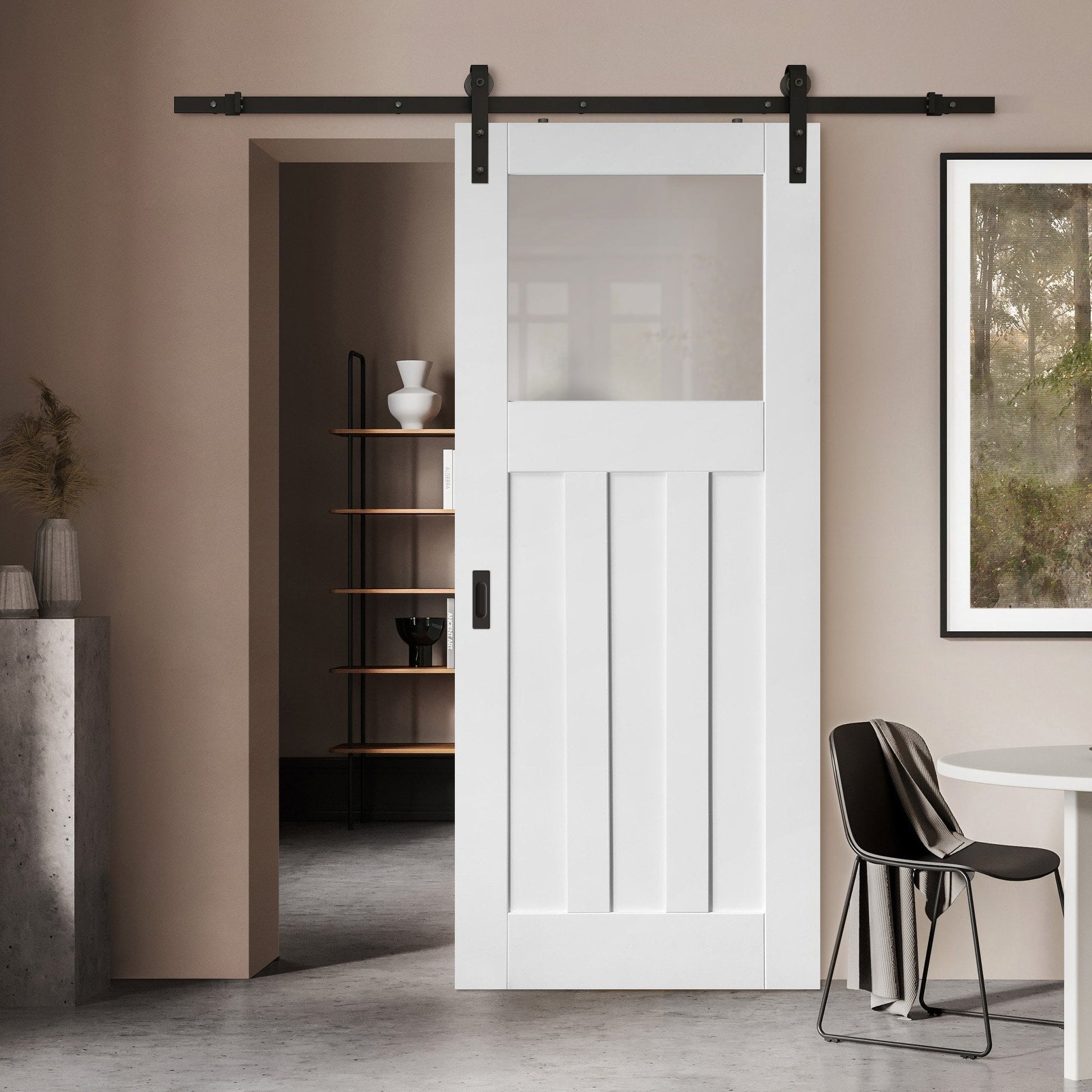 White Internal Primed 1930's DX 3 Panel 1 Light Obscure Glass Sliding Door - Black Face Mounted (119969)