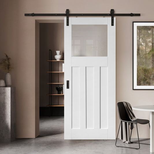 White Internal Primed 1930's DX 3 Panel 1 Light Obscure Glass Sliding Door - Black Face Mounted (119969)