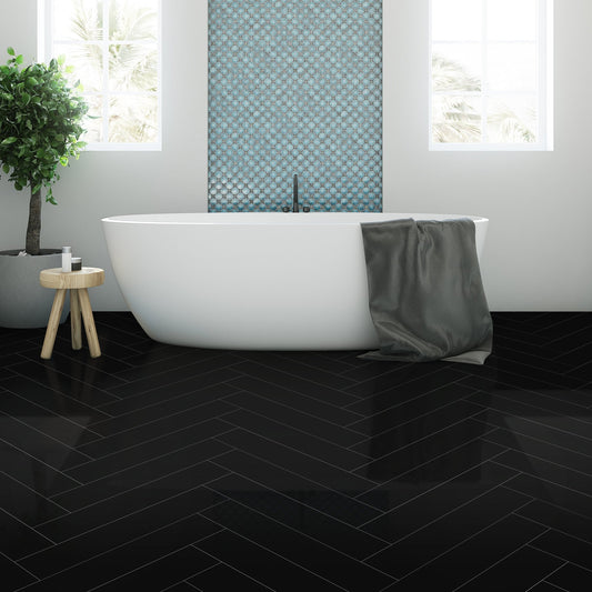 Black - Lustre Herrringbone 6mm High Gloss Luxury Vinyl Flooring (122978)