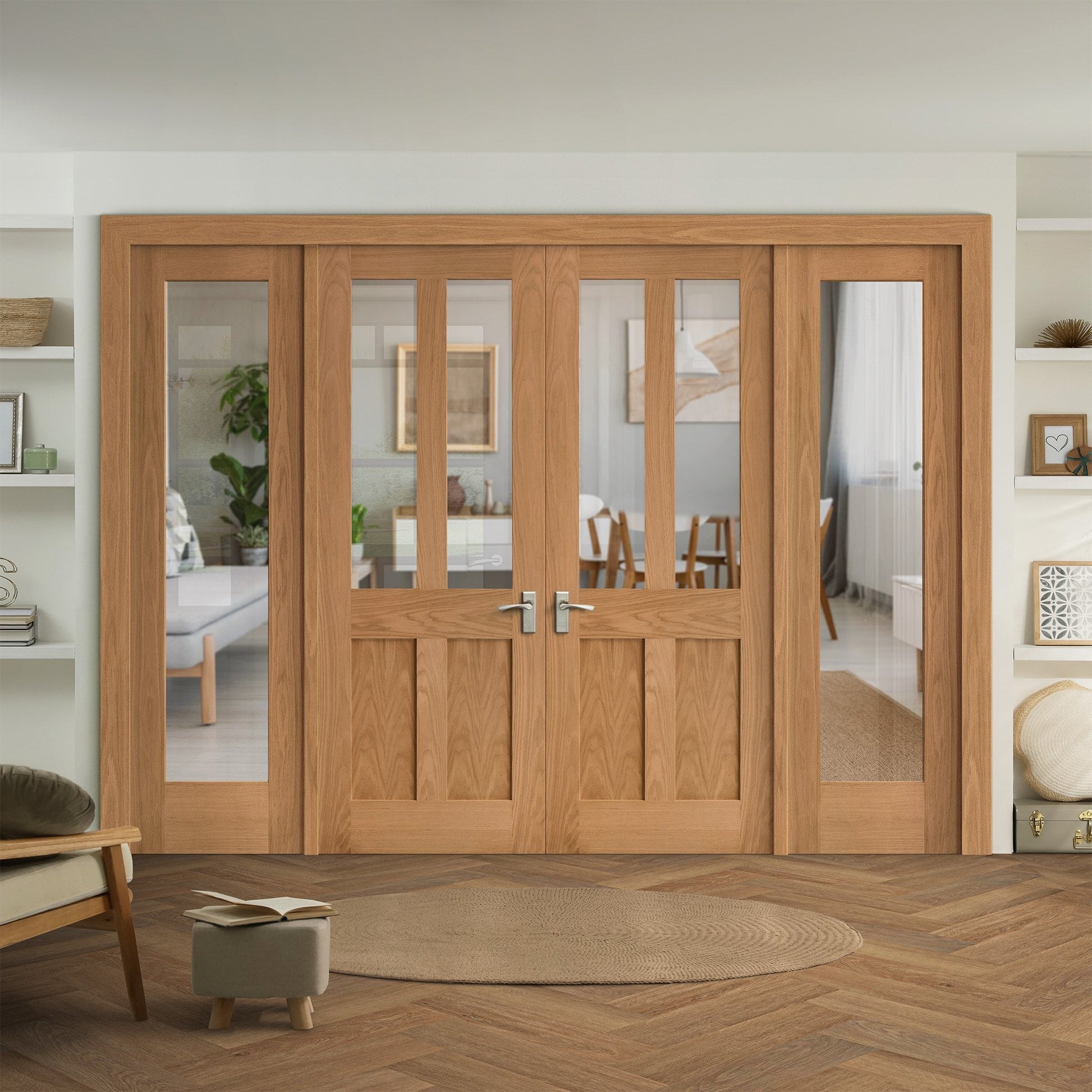 Oak Unfinished Internal Victorian Shaker 2P 2L Clear Glass Sidelight Room Divider Set (123136)