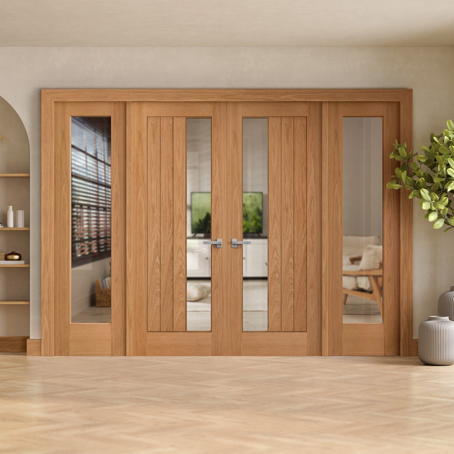 Oak Unfinished Internal Farley 1L Clear Offset Glass Sidelight Room Divider Set (123127)