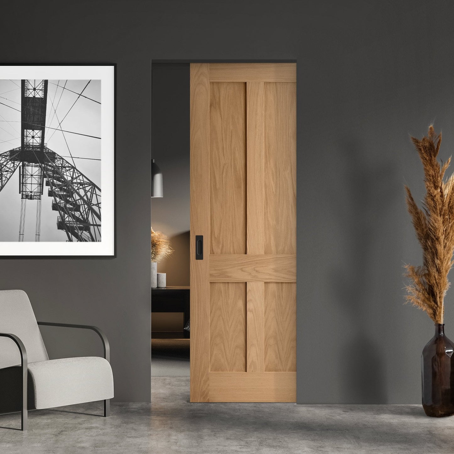 Oak Unfinished Victorian 4 Panel Flat Framed Pocket Door Set (123224)