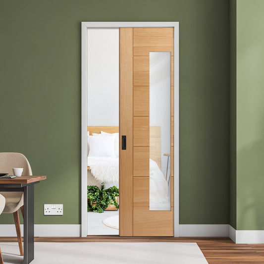 Oak Fully Finished Internal Pedrena 1 Light Clear Glass Framed Pocket Door Set (123200)