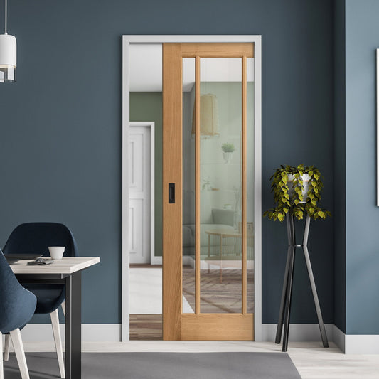 Oak Unfinished Toledo 3 Light Clear Glass Framed Pocket Door Set (123218)