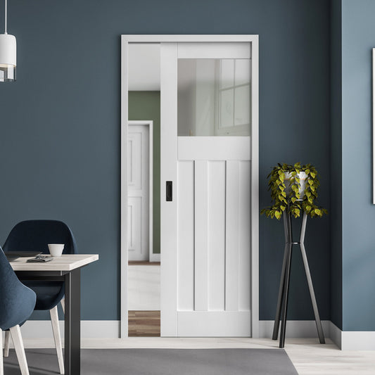 White Primed Internal 1930's DX 3 Panel 1 Light Obscure Glass Framed Pocket Door Set (123233)