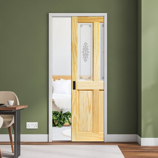 Clear Pine Unfinished Internal 2 Panel 2 Light Campion Glass Framed Pocket Door Set (123181)