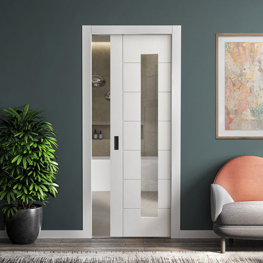 White Primed Internal Pedrena 7 Panel 1 Light Clear Glass Framed Pocket Door Set (123262)
