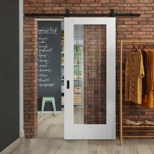 White Primed Internal Cottage 1 Light Clear Glass with Obscure Lines Sliding Door - Black Top Mounted (120867)