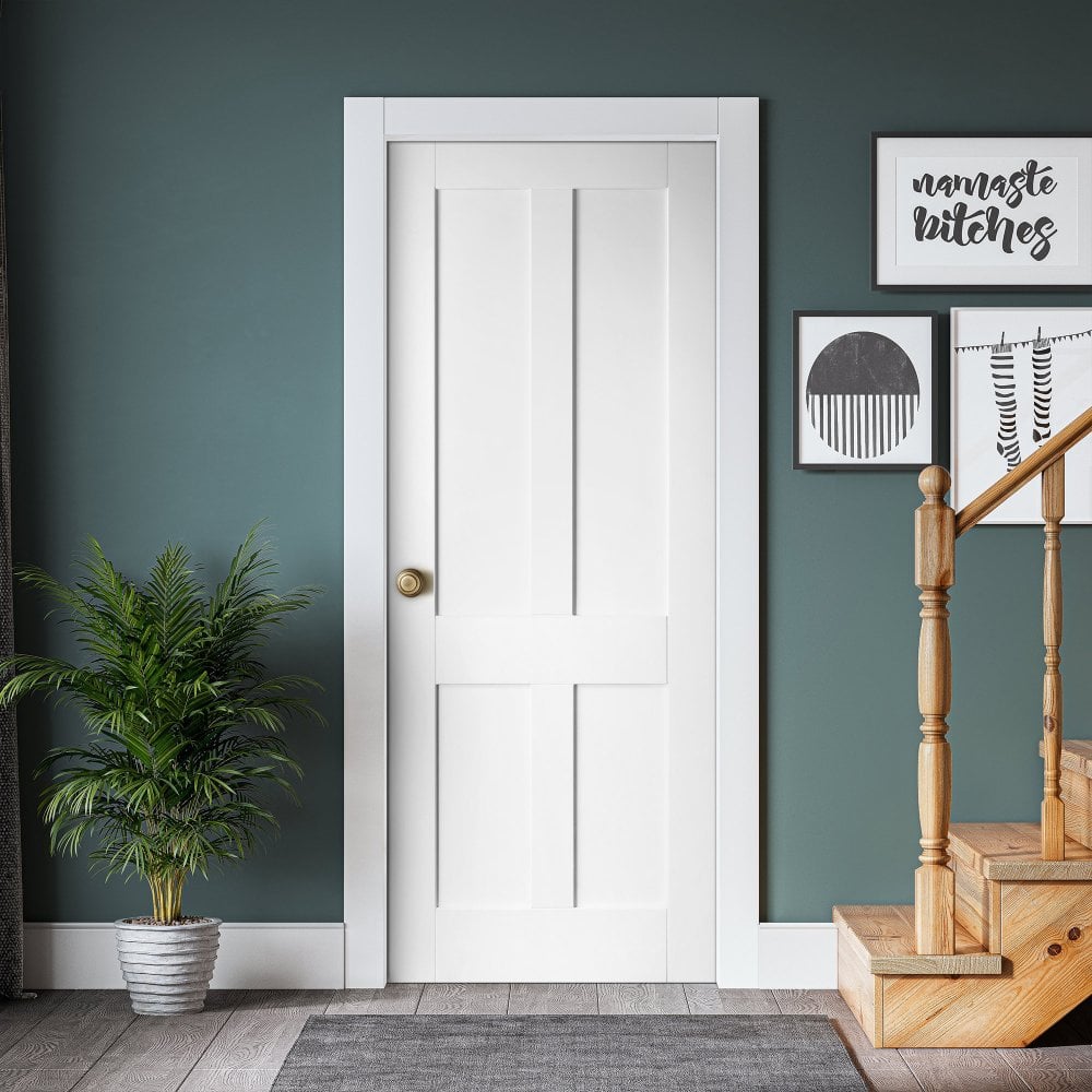 White Internal Primed Flat Victorian Shaker 4 Panel FD30 Fire Door (51786)