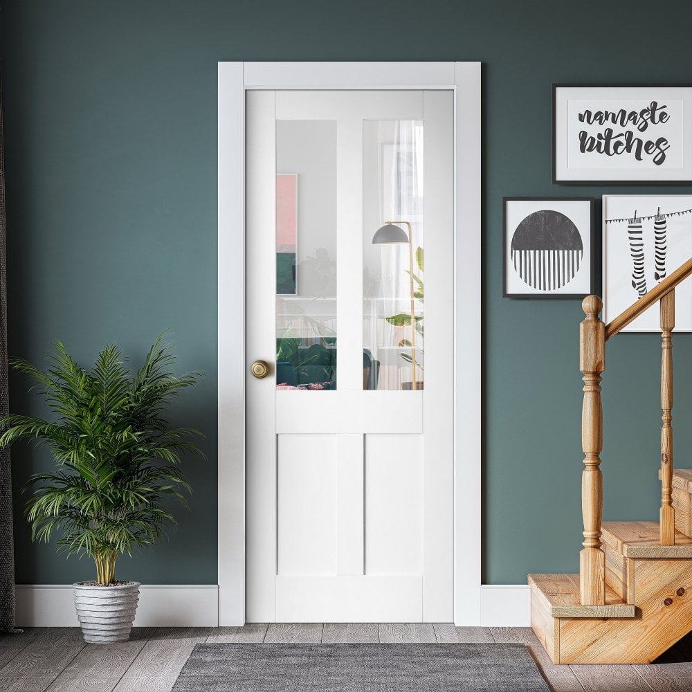 White Internal Primed Flat Victorian Shaker 2 Panel 2 Light Clear Glass FD30 Fire Door (122087)