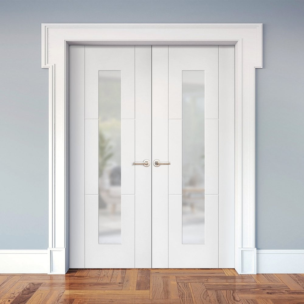 Internal White Primed Trent 3 Panel 1 Light Obscure Glass Pair Door (121436)