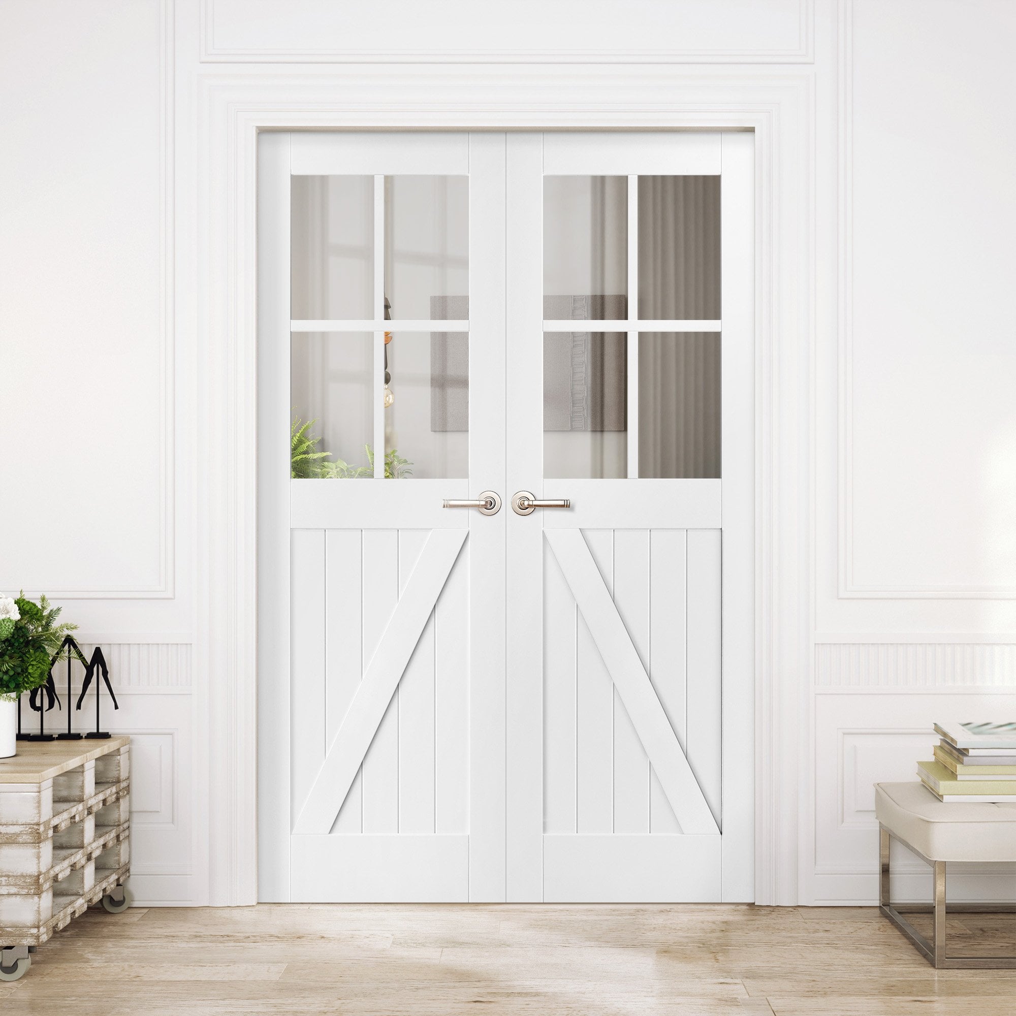 Internal White Primed Barn 4 Light Glazed FLB French Door | Leader Online