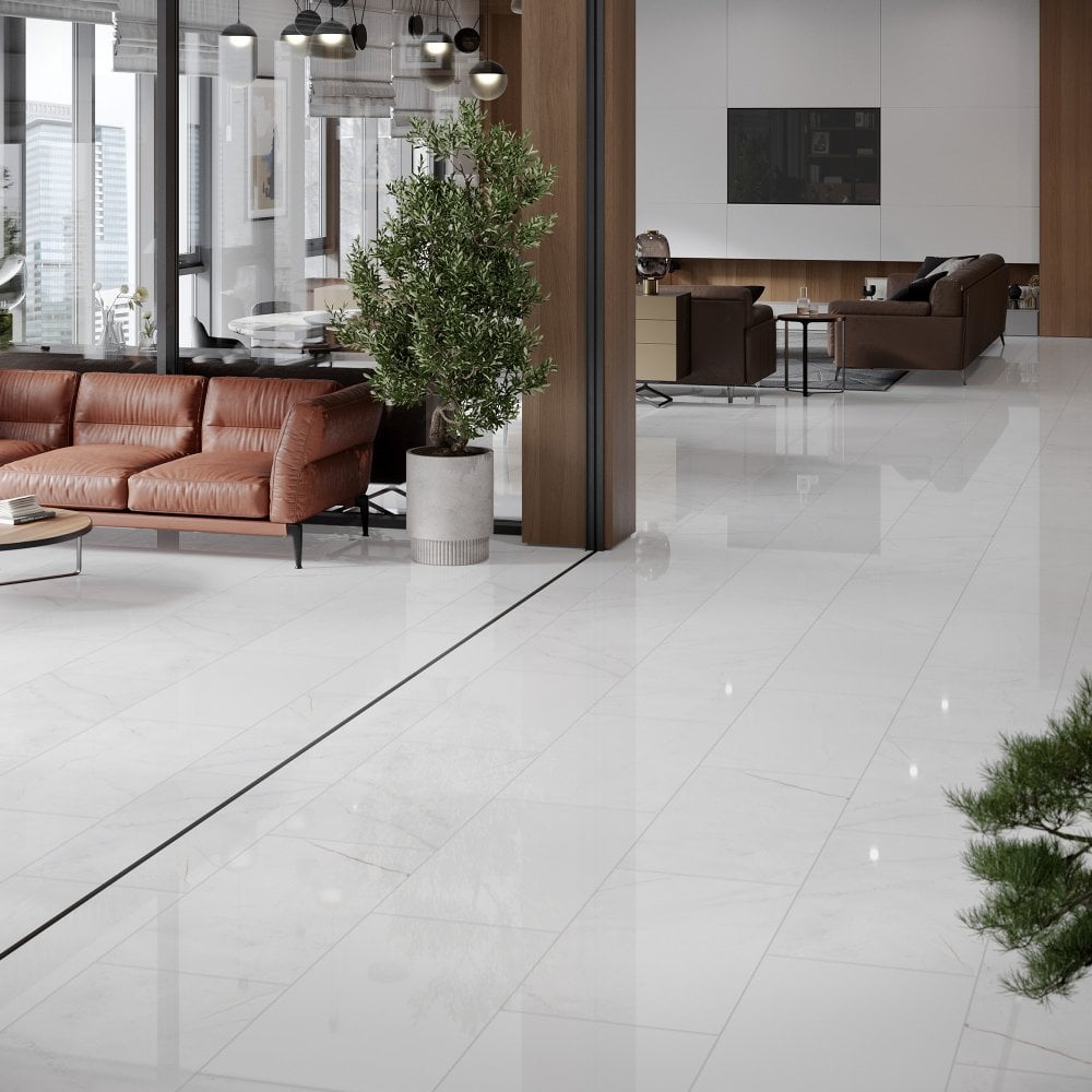 White Marble - Lustre Stone 8mm High Gloss Laminate Flooring (122548)