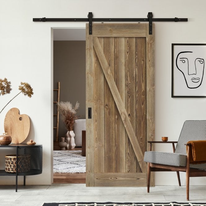 Carbonised Internal Pine 1 Panel Brace Sliding Barn Door - Black Face Mounted