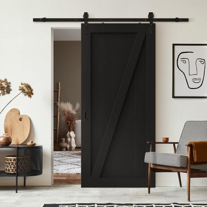 Black Internal Primed 1 Panel Brace Sliding Barn Door - Black Face Mounted