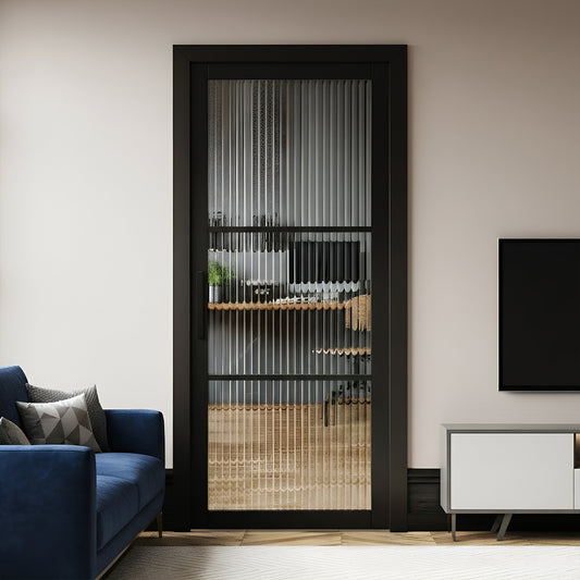 Jet Black Internal Fully Finished 3 Light Reeded Glass Industrial Studio Door (STUBL3LREED)