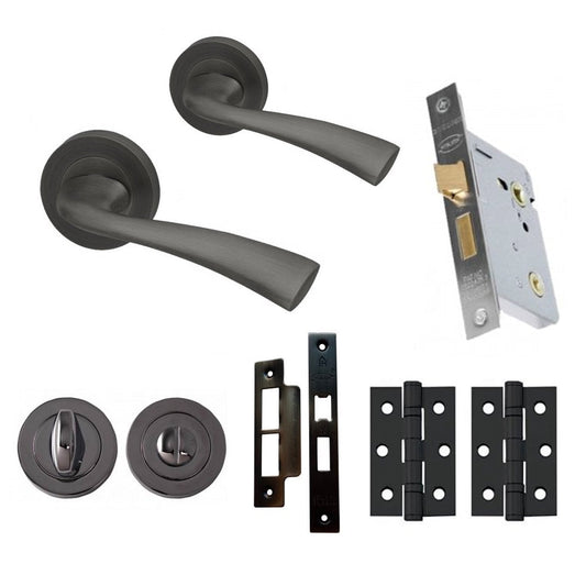 Scimitar Internal Bathroom Lever Handle On Round Rose Handle Set - Gun Metal Grey