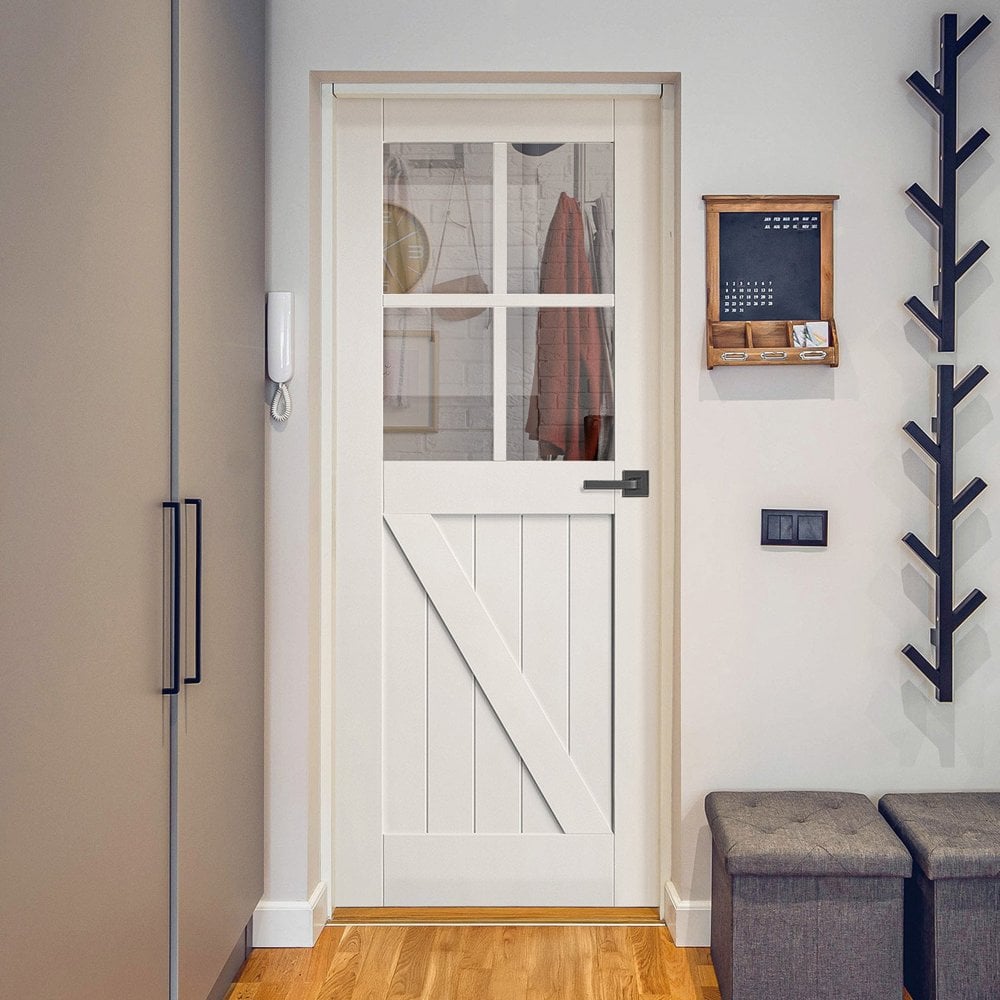 White Internal Primed Barn FLB 4 Light Clear Glass Door