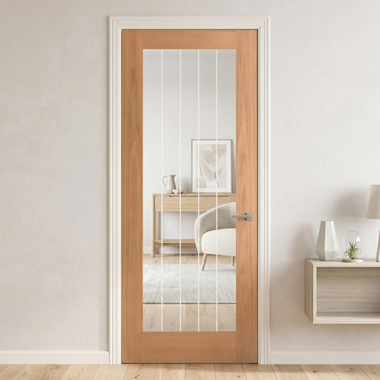Oak Internal Fully Finished Pattern 10 Etched Obscure Lined Clear Glass Door (106416)