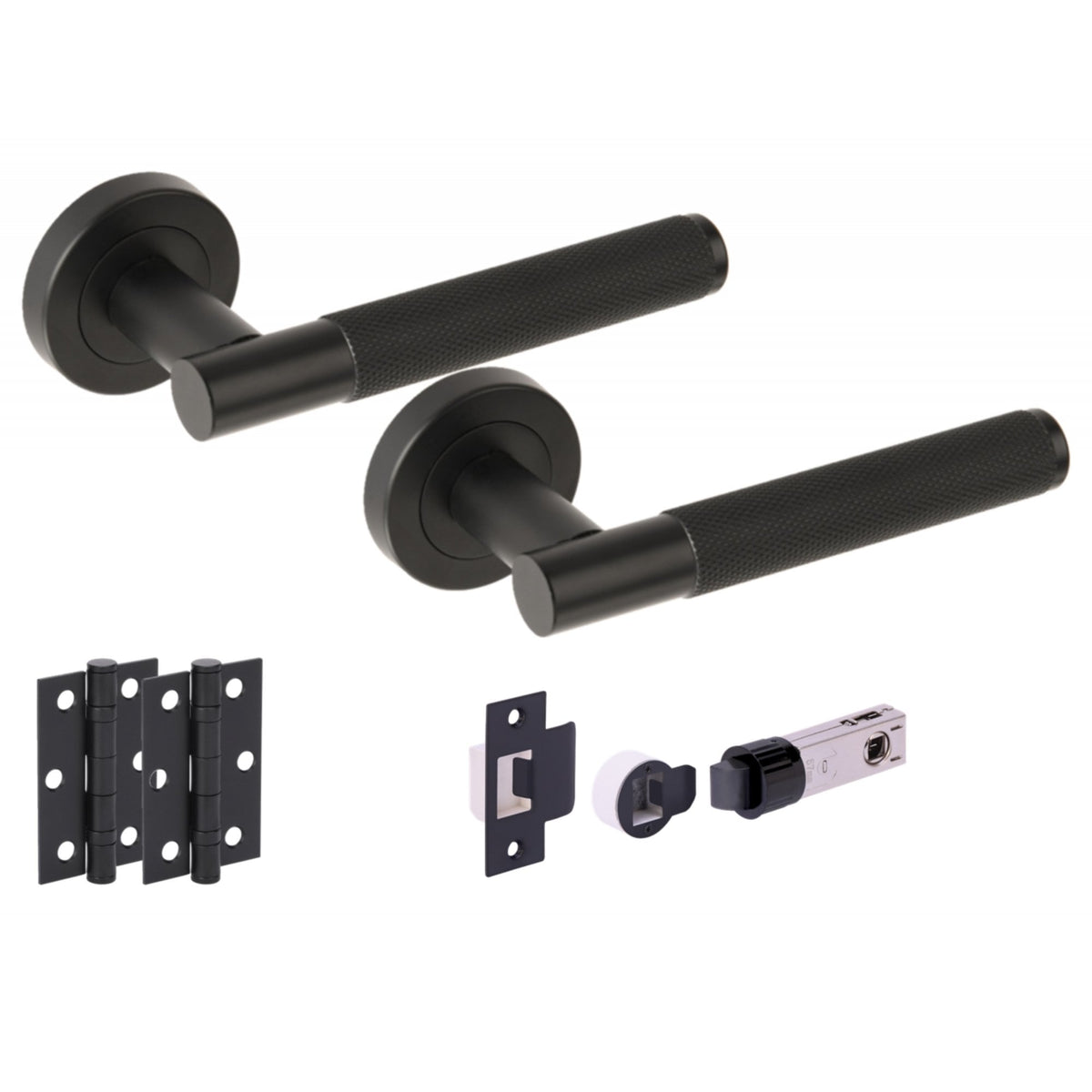 Knurled Round Rose Lever Door Handle Set - Matt Black