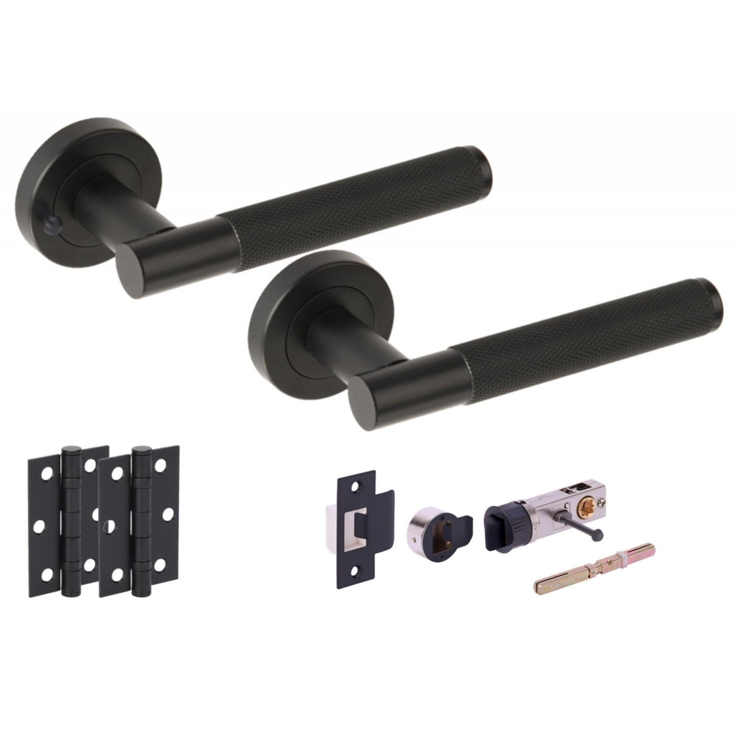 Knurled Round Rose Lever Door Bathroom Handle Set - Matt Black
