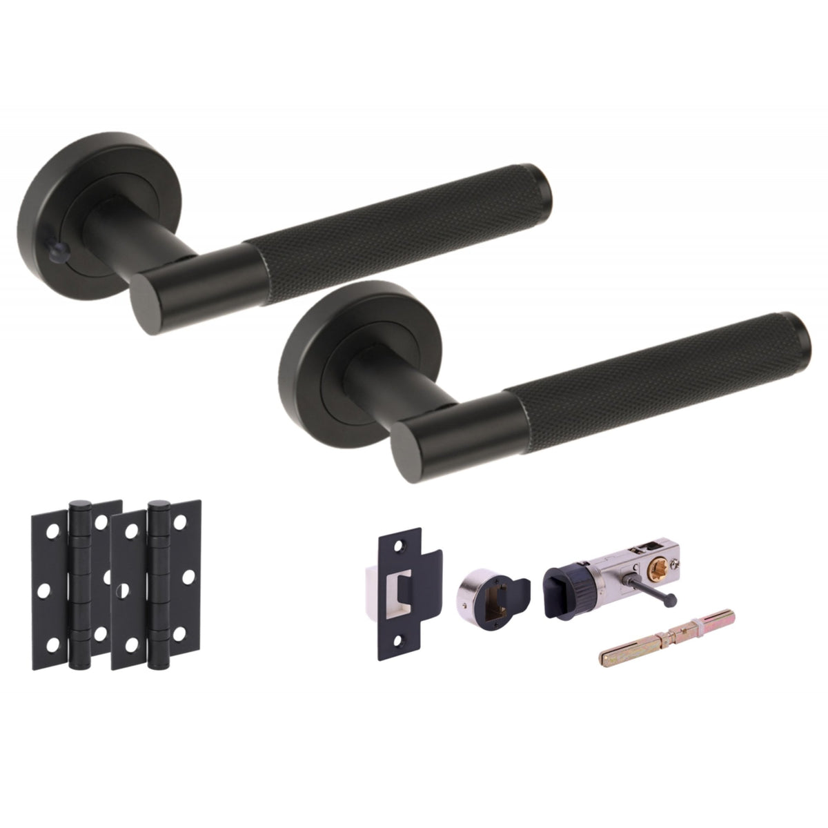Knurled Round Rose Lever Door Bathroom Handle Set - Matt Black