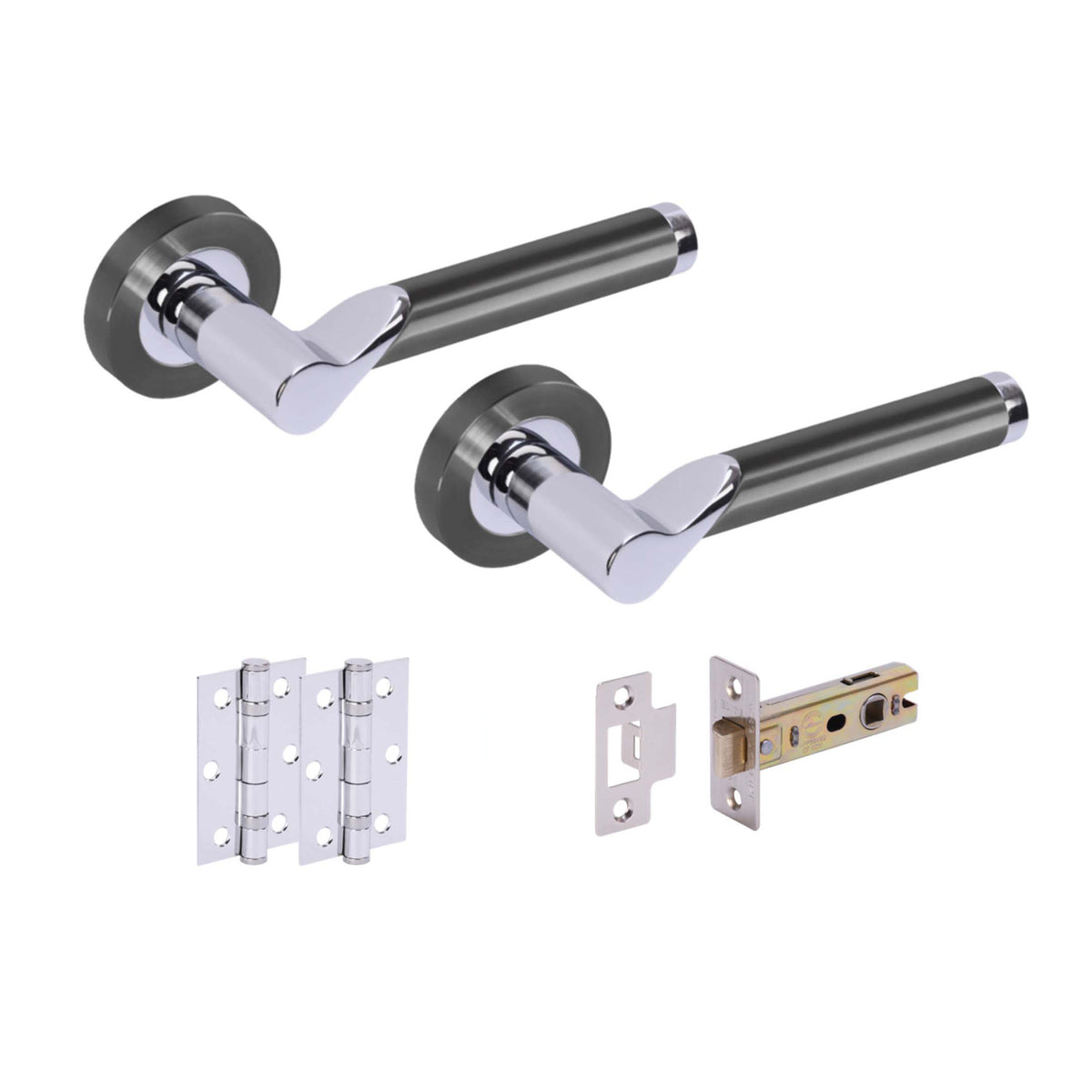 Premium Enterprise Lever On Round Rose Handle Set - Black Nickel and Polished Chrome