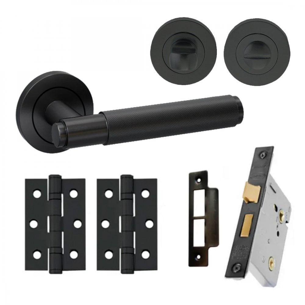 Knurled Internal Bathroom Lever Handle On Round Rose Pack - Matt Black
