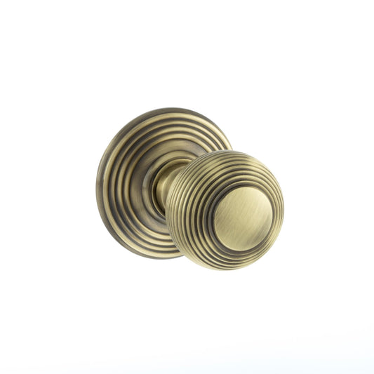 Old English Ripon Round Reeded Mortice Door Knob - Antique Brass