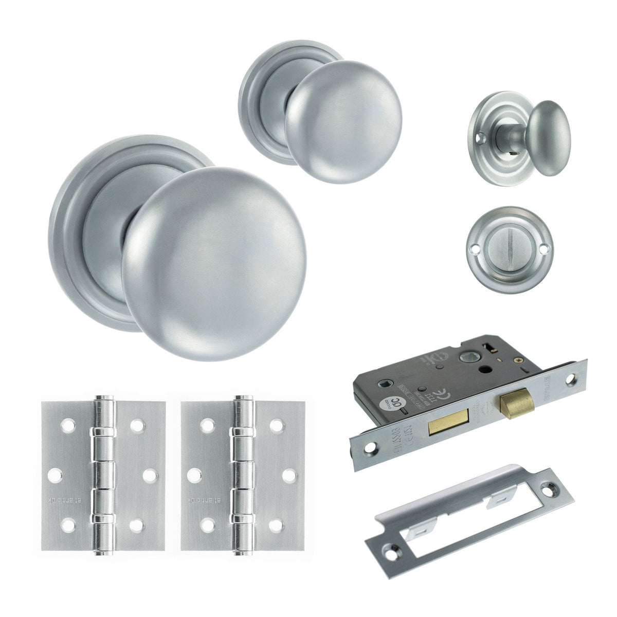 Harrogate Mushroom Mortice Bathroom Door Knob Set - Satin Chrome