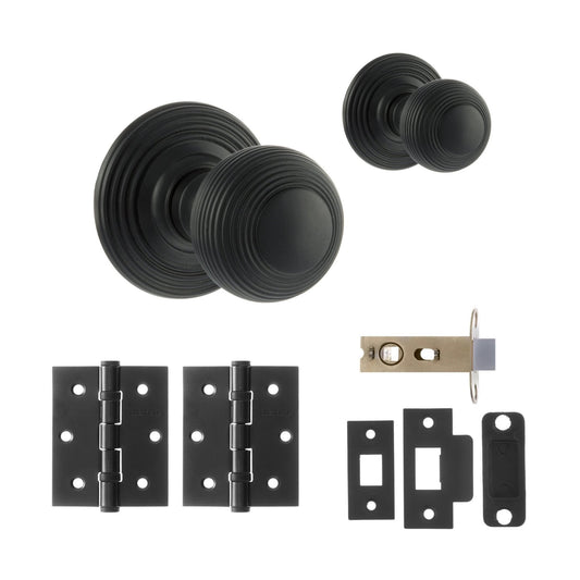 Ripon Round Reeded Mortice Door Knob Set - Matt Black