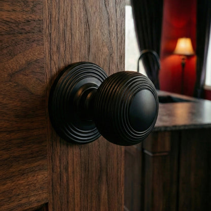 Ripon Round Reeded Mortice Door Knob Set - Matt Black