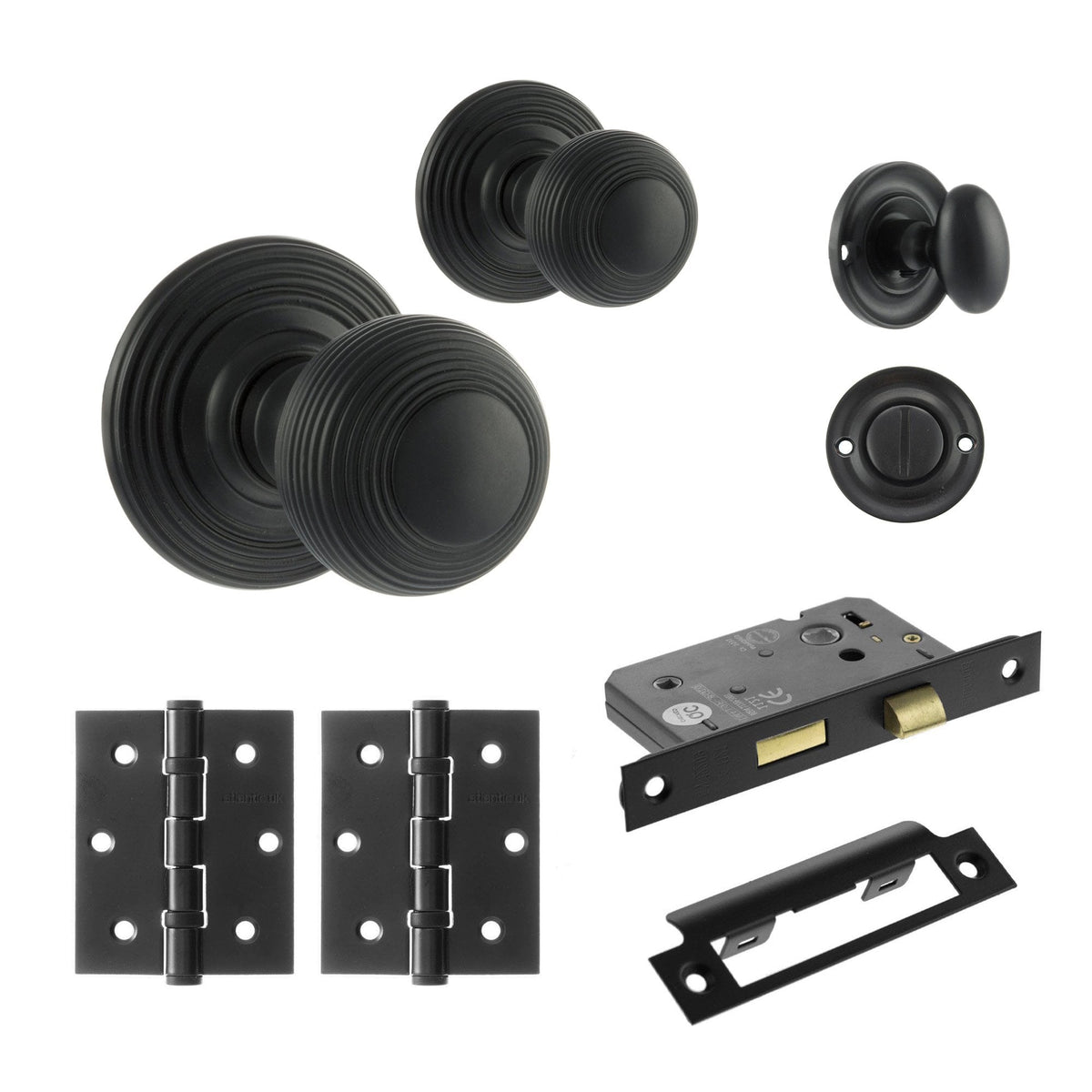 Ripon Round Reeded Mortice Bathroom Door Knob Set - Matt Black