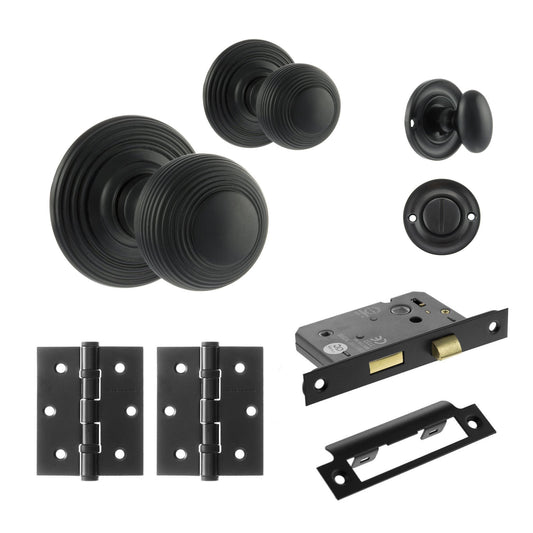 Ripon Round Reeded Mortice Bathroom Door Knob Set - Matt Black