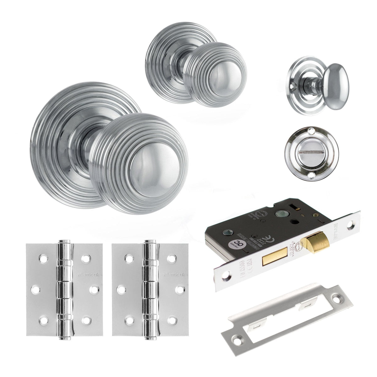 Ripon Round Reeded Mortice Bathroom Knob Set Door Knob Set - Polished Chrome