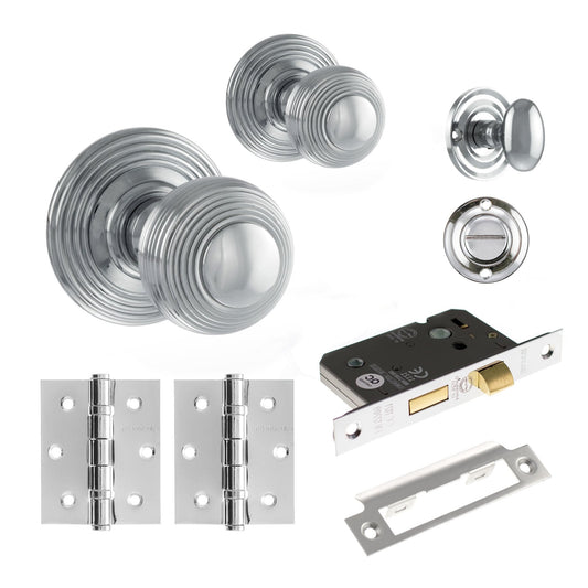 Ripon Round Reeded Mortice Bathroom Knob Set Door Knob Set - Polished Chrome
