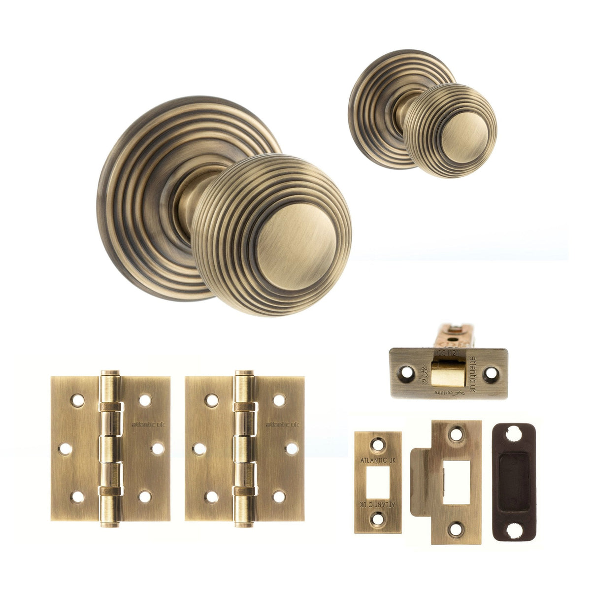 Ripon Round Reeded Mortice Door Knob Set - Antique Brass