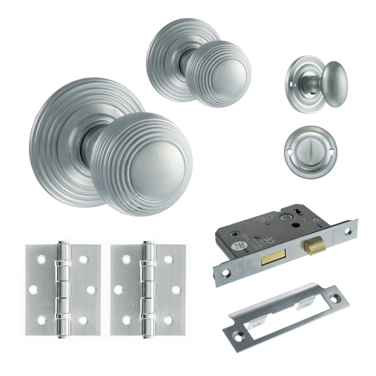 Ripon Round Reeded Mortice Bathroom Door Knob Set - Satin Chrome