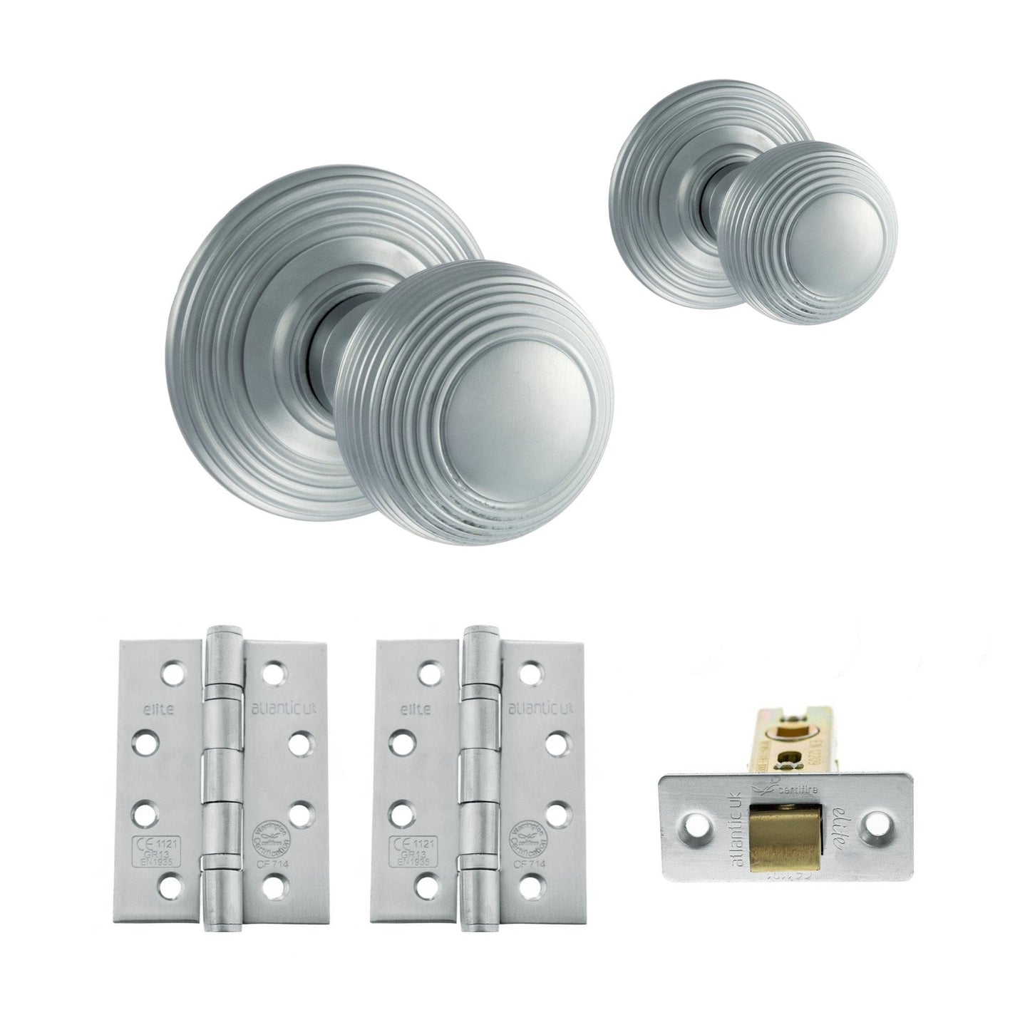 Ripon Round Reeded Mortice CE13 Fire Door Knob Set - Satin Chrome